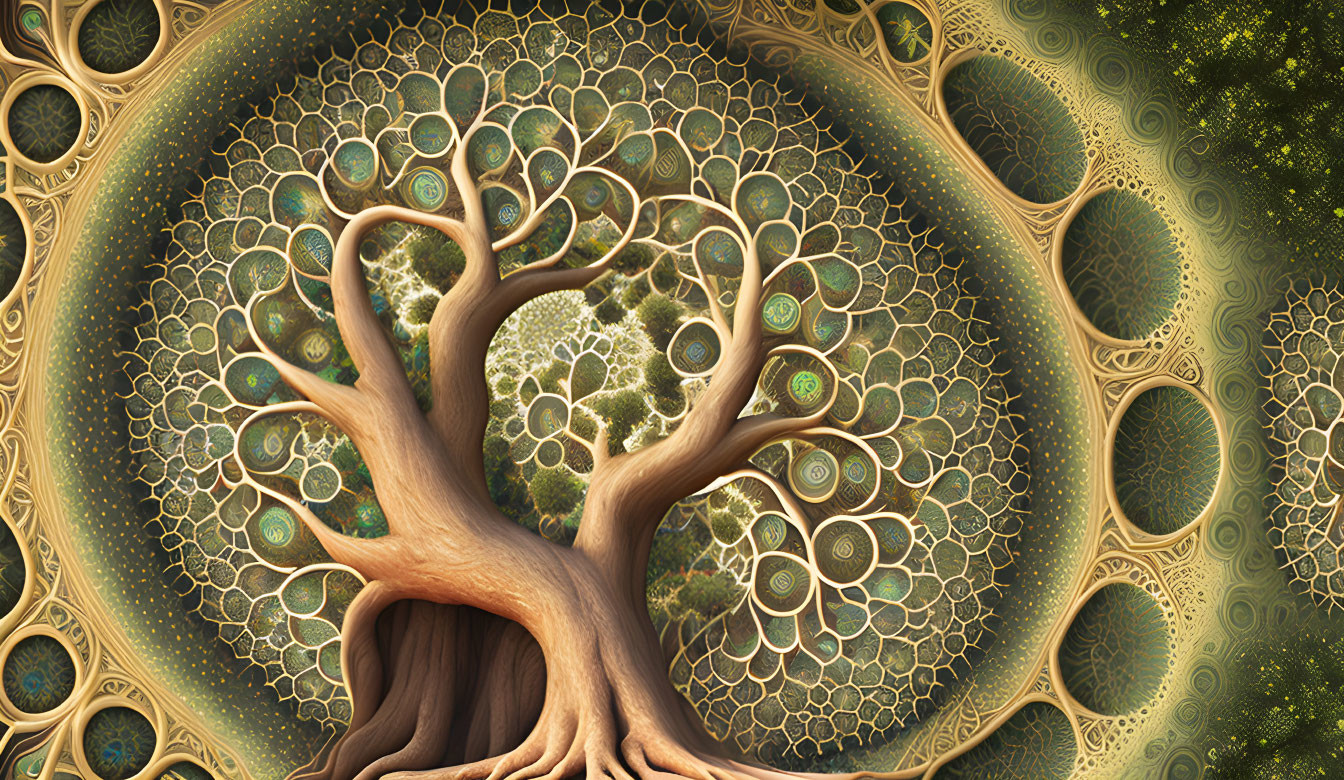 Detailed Fractal Art: Stylized Tree with Mandala Background