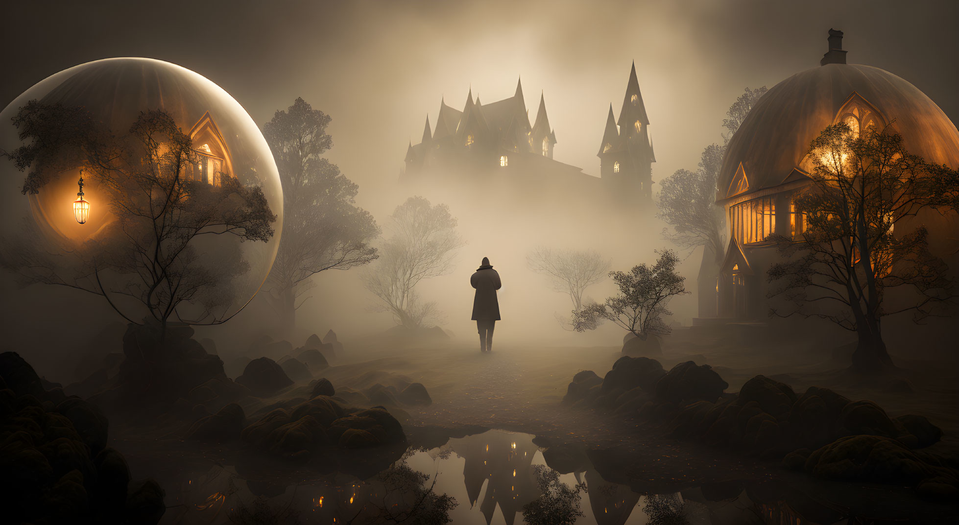 Person walking towards castle on foggy night in mystical forest with glowing orbs and reflective water.