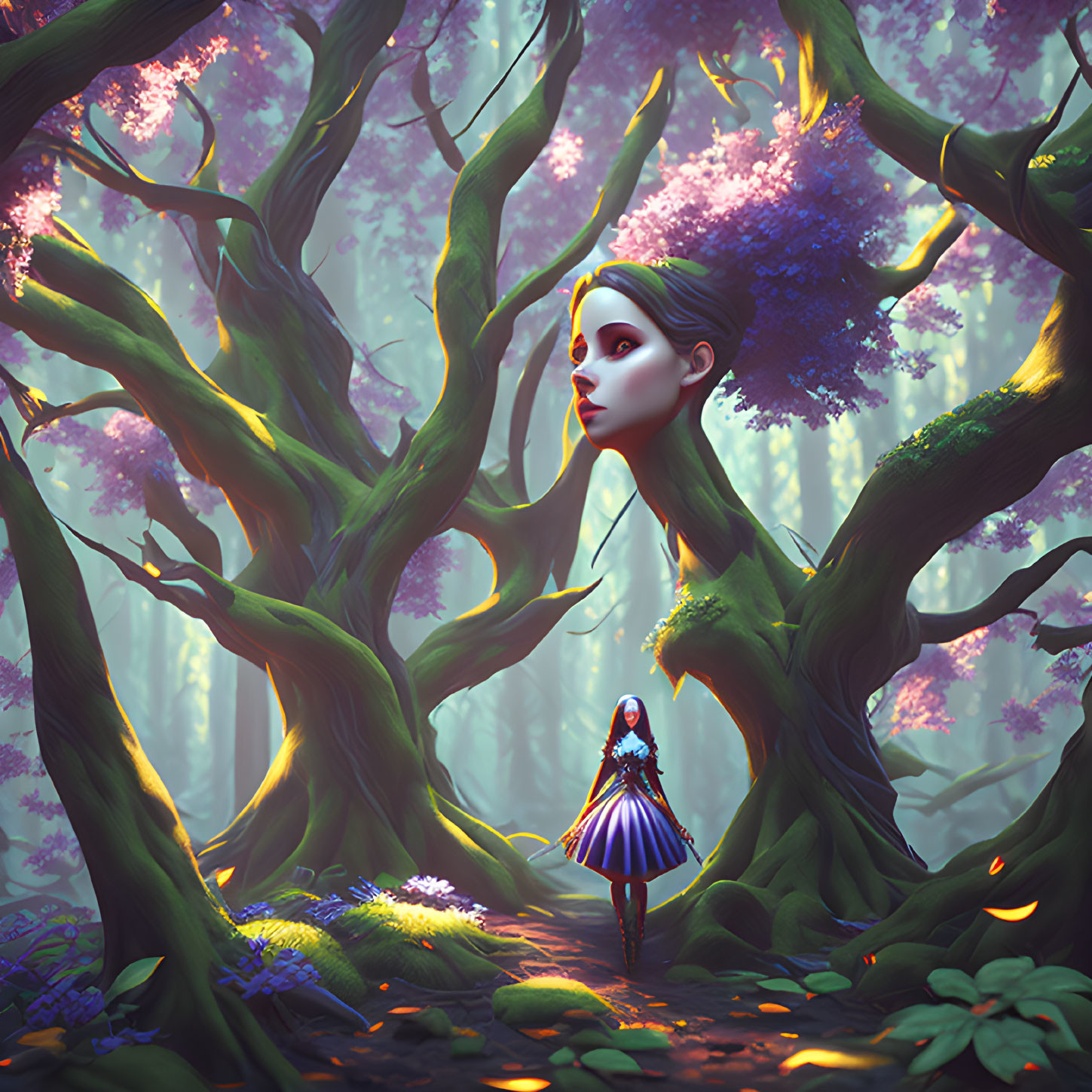 Stylized woman in mystical forest with twisted trees