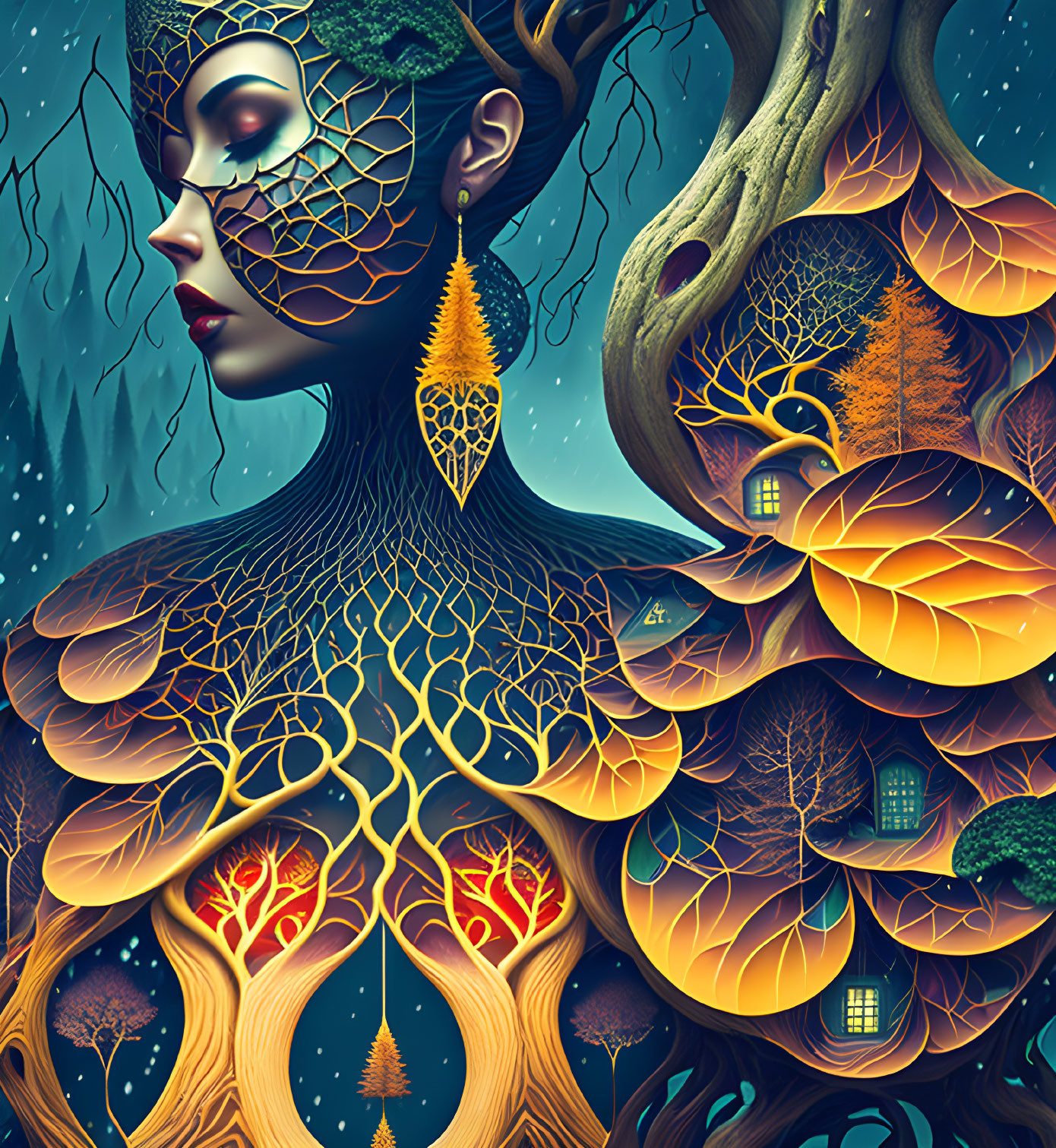 Surreal artwork of woman with tree-like features