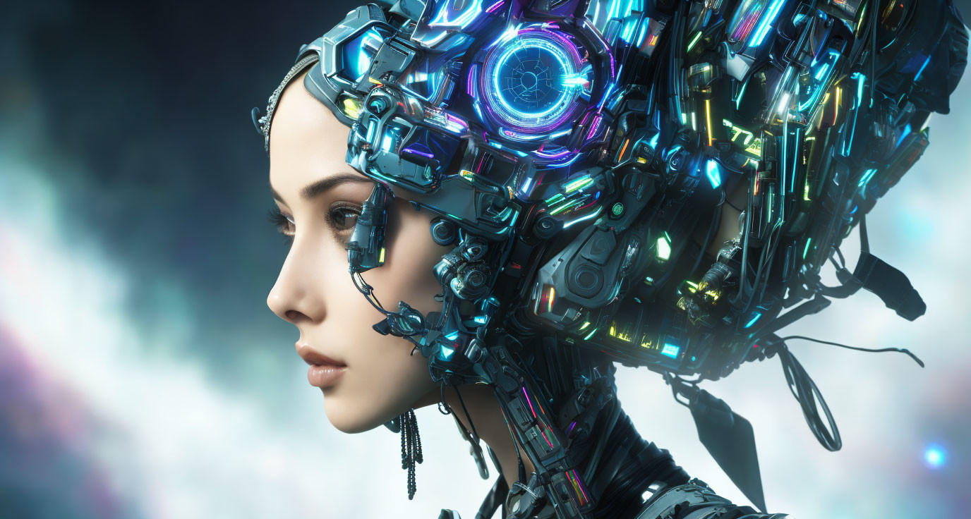 Female android with intricate cybernetic head and glowing blue elements.