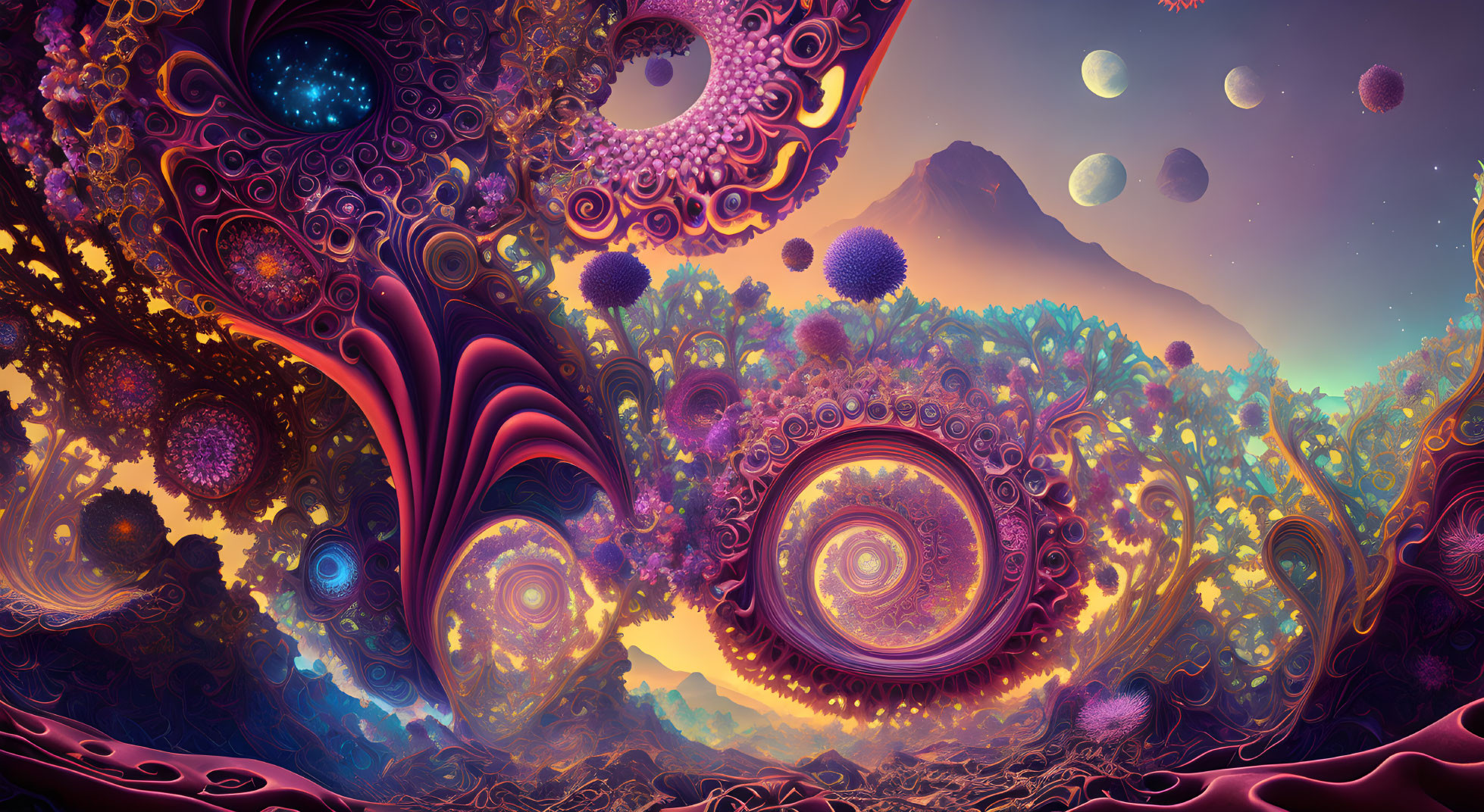 Psychedelic landscape with fractal patterns and celestial bodies