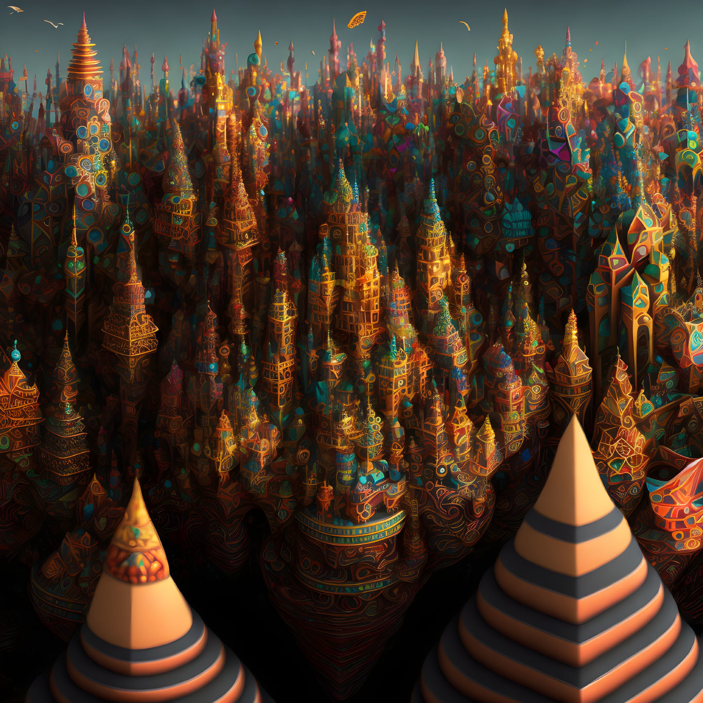 Colorful ornate spires and structures in a fantastical landscape