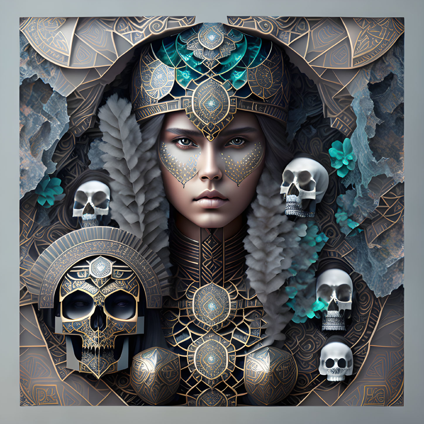 Digital artwork of stoic figure with tribal headdress and skulls