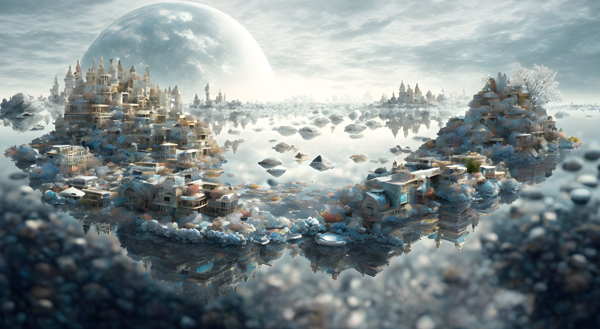 Fantastical cityscape with floating islands, towers, oversized moon, and cloudy sky.