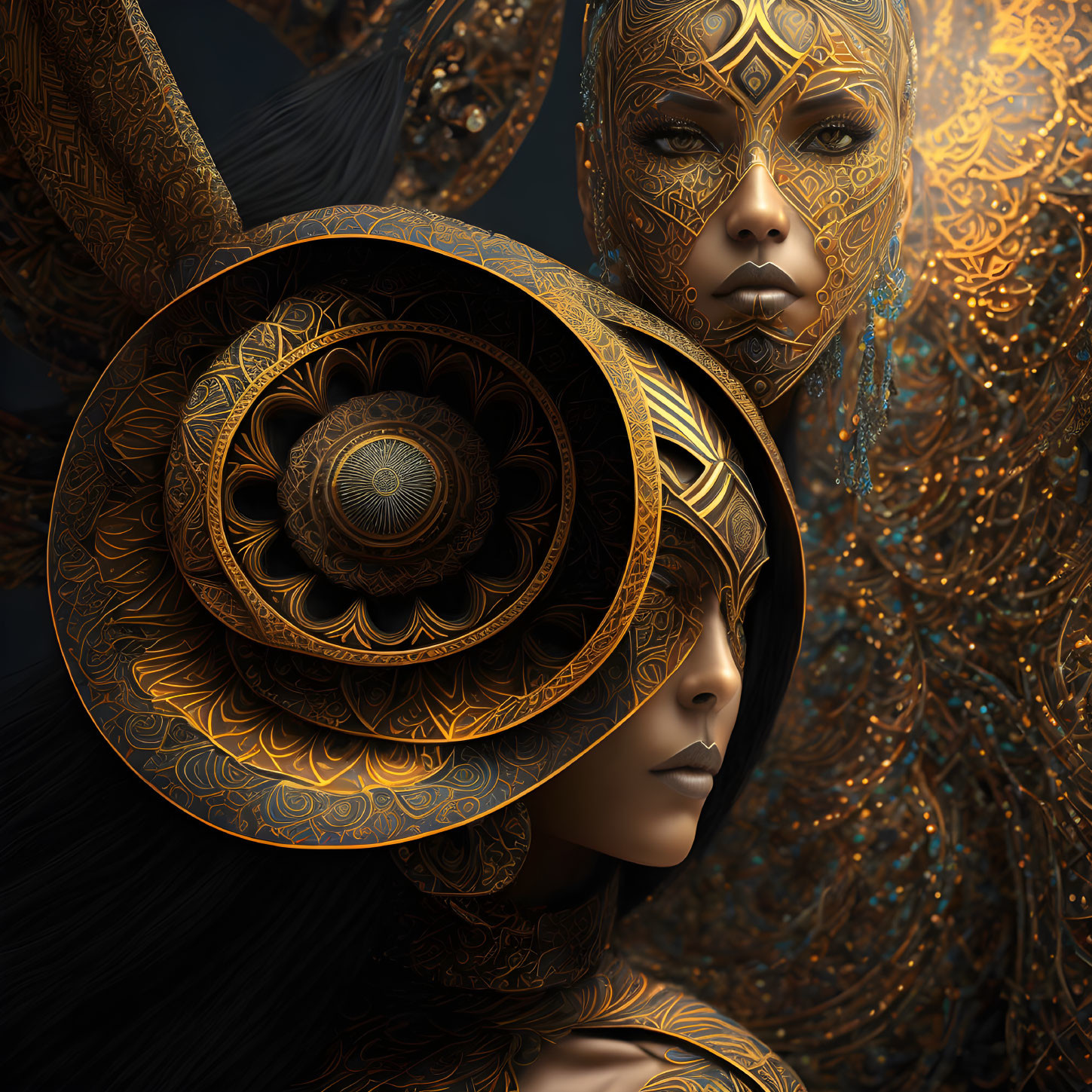 Detailed digital artwork of woman with ornate golden patterns and intricate headdress