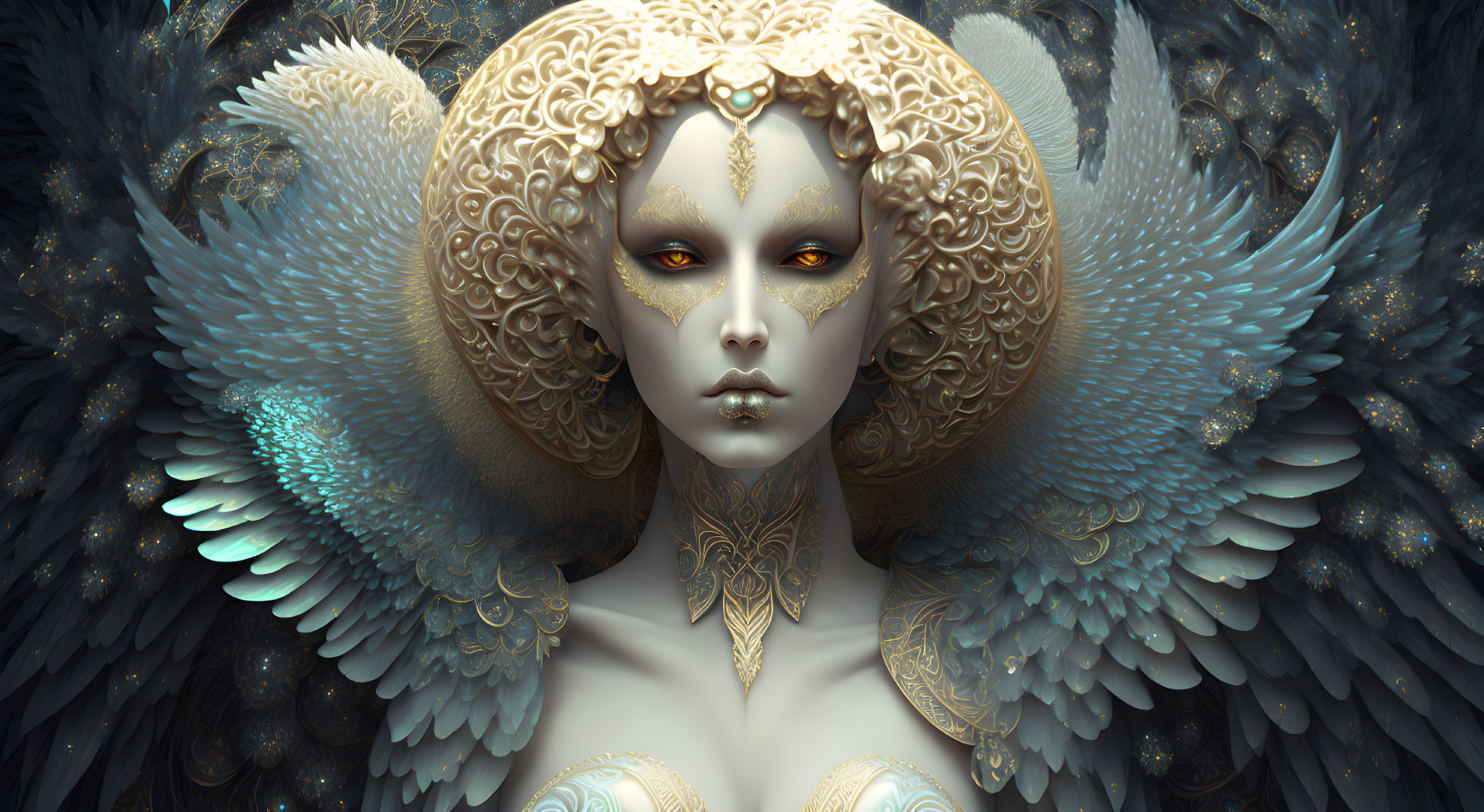 Golden-Curled Fantastical Being with Angelic Wings and Jewelry