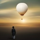 Person watching hot air balloon in desert sunset.