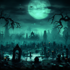 Moonlit Cemetery Scene with Silhouetted Tombstones and Flickering Lanterns