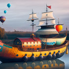 Colorful hot air balloons above whimsical ship on calm waters