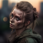 3D illustration of woman with floral hair and metallic skin on moody backdrop