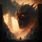 Dystopian cityscape with giant flaming skull and lone figure in futuristic setting