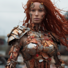 Vibrant red-haired woman in battle-worn armor with striking makeup