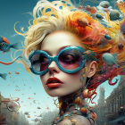 Colorful artwork: woman with floral hair, sunglasses, fish, girl with bike in whimsical scene