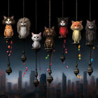 Stylized illustrated cats on ornate lampposts and swings against dark background