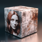 Metallic cube with realistic female face on dark background