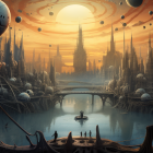 Futuristic steampunk cityscape with ornate structures and spherical buildings