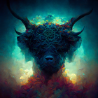 Colorful digital artwork of bull's head with fractal pattern on face in swirling background