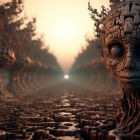 Fractal landscape with humanoid face in radiant light