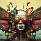 Surreal illustration of person with butterfly wings and orange-tinted glasses surrounded by butterflies against cloudy