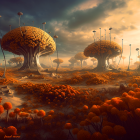 Extraterrestrial desert scene with mushroom-like structures and giant planet.