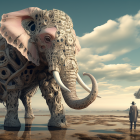 Detailed surreal artwork: Ornate elephant in fantastic landscape