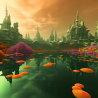 Alien landscape with orange and green vegetation by calm lake