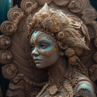 Detailed Digital Artwork: Woman with Bronze Headdress and Green Makeup