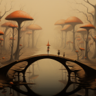 Mystical landscape with oversized orange mushrooms and eerie amber sky