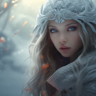 Blue-eyed woman in fur-trimmed coat and hat in snowfall scenery