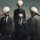 Three bird-headed men in suits in desert with flying birds