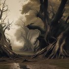 Eerie swamp landscape with twisted trees and misty atmosphere