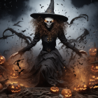 Skeletal-faced witch surrounded by pumpkins in spooky Halloween scene