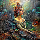 Fantasy forest scene with humanoid figure and dragon-like creature