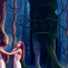 Colorful forest illustration with stylized trees and female figure.