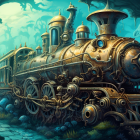 Steampunk-style train submerged underwater with coral and fish in blue-green light