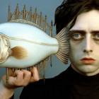 Surreal illustration of man's face merging with large fish