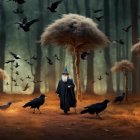 Cloaked figure in mystical forest with crows and unique trees