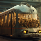 Retro-futuristic skull-themed train at station with vintage-clad passengers