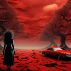 Woman in surreal red landscape with ornate trees and classic car under cloudy sky