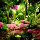 Vibrant jungle with crimson creek, moss-covered rocks & colorful flowers