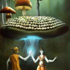 Stylized artwork of Hindu deities dancing under giant mushroom