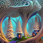 Enchanting forest with illuminated treehouses and mystical glow