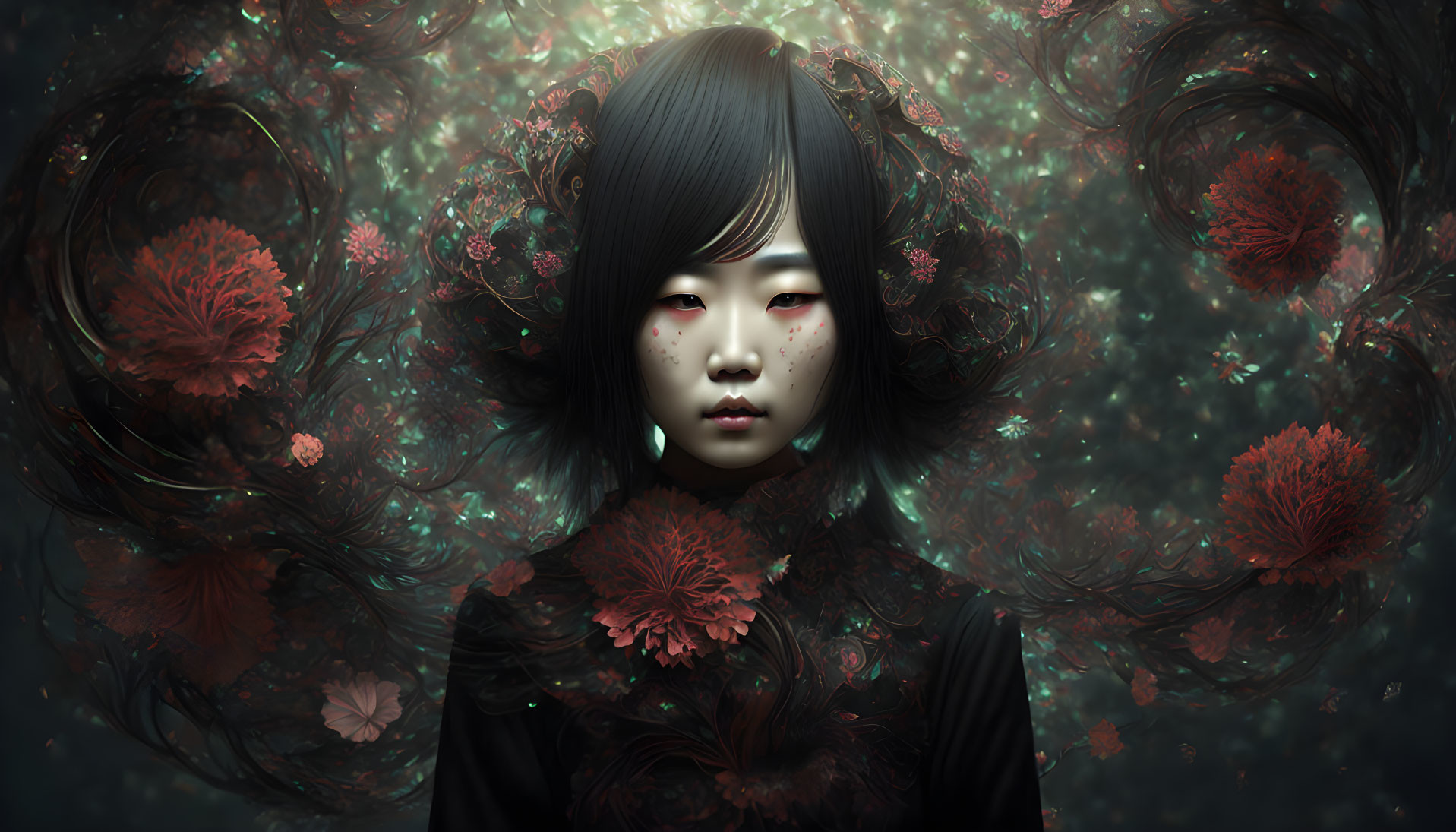 Mystical girl digital artwork with dark hair and red floral accents