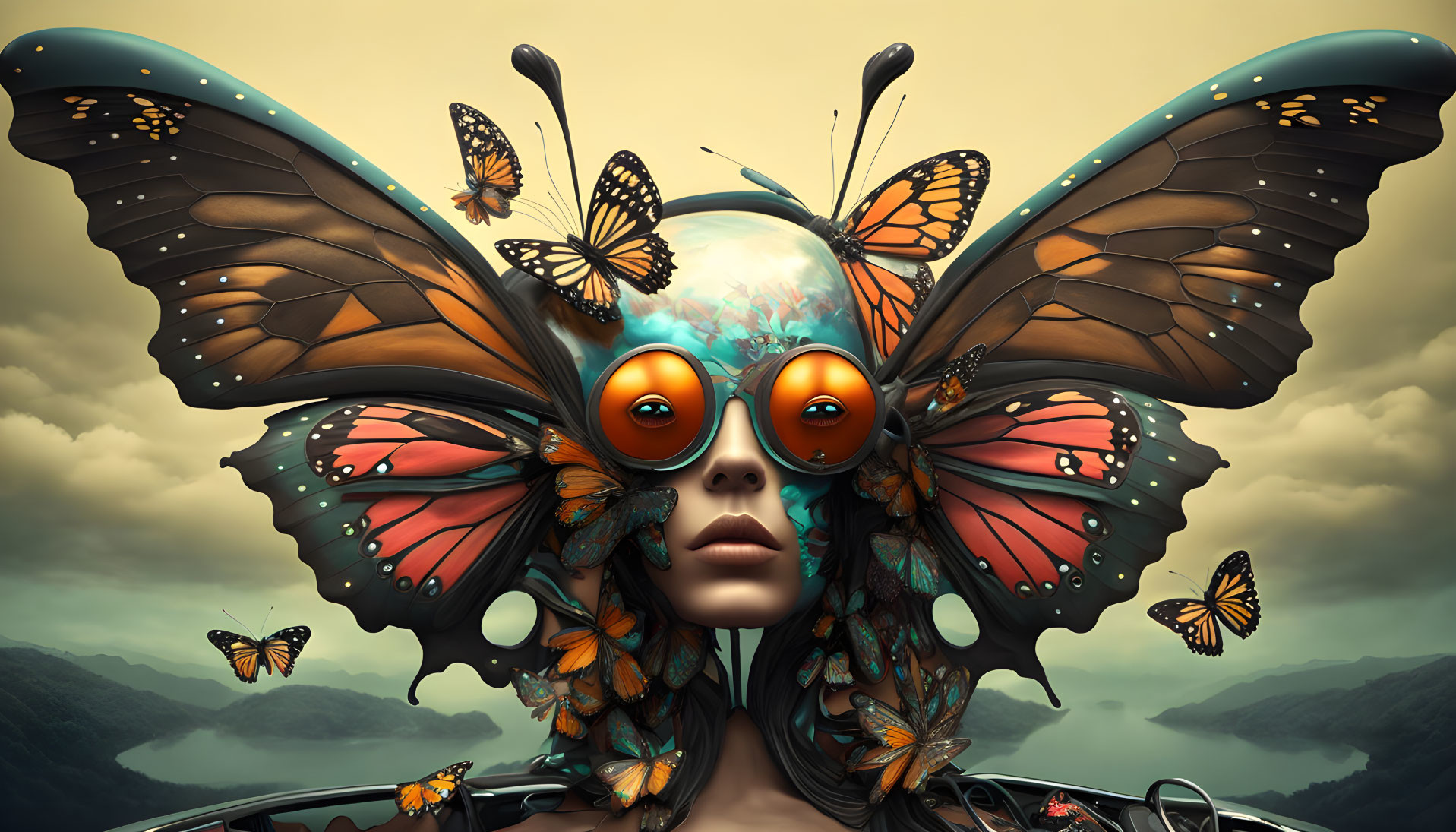 Surreal illustration of person with butterfly wings and orange-tinted glasses surrounded by butterflies against cloudy