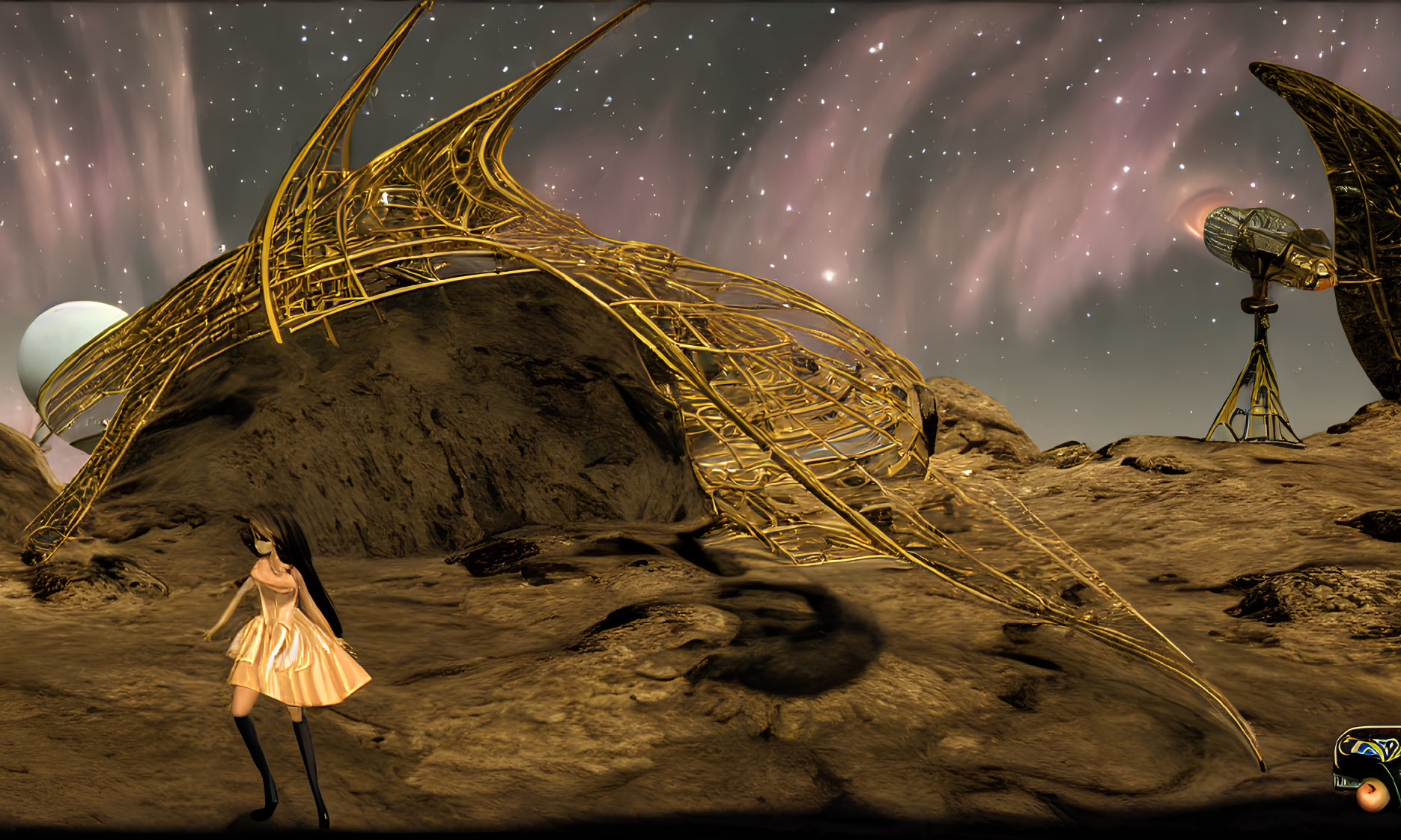 Person standing on rocky terrain with pink skies, golden structures, and distant planet.