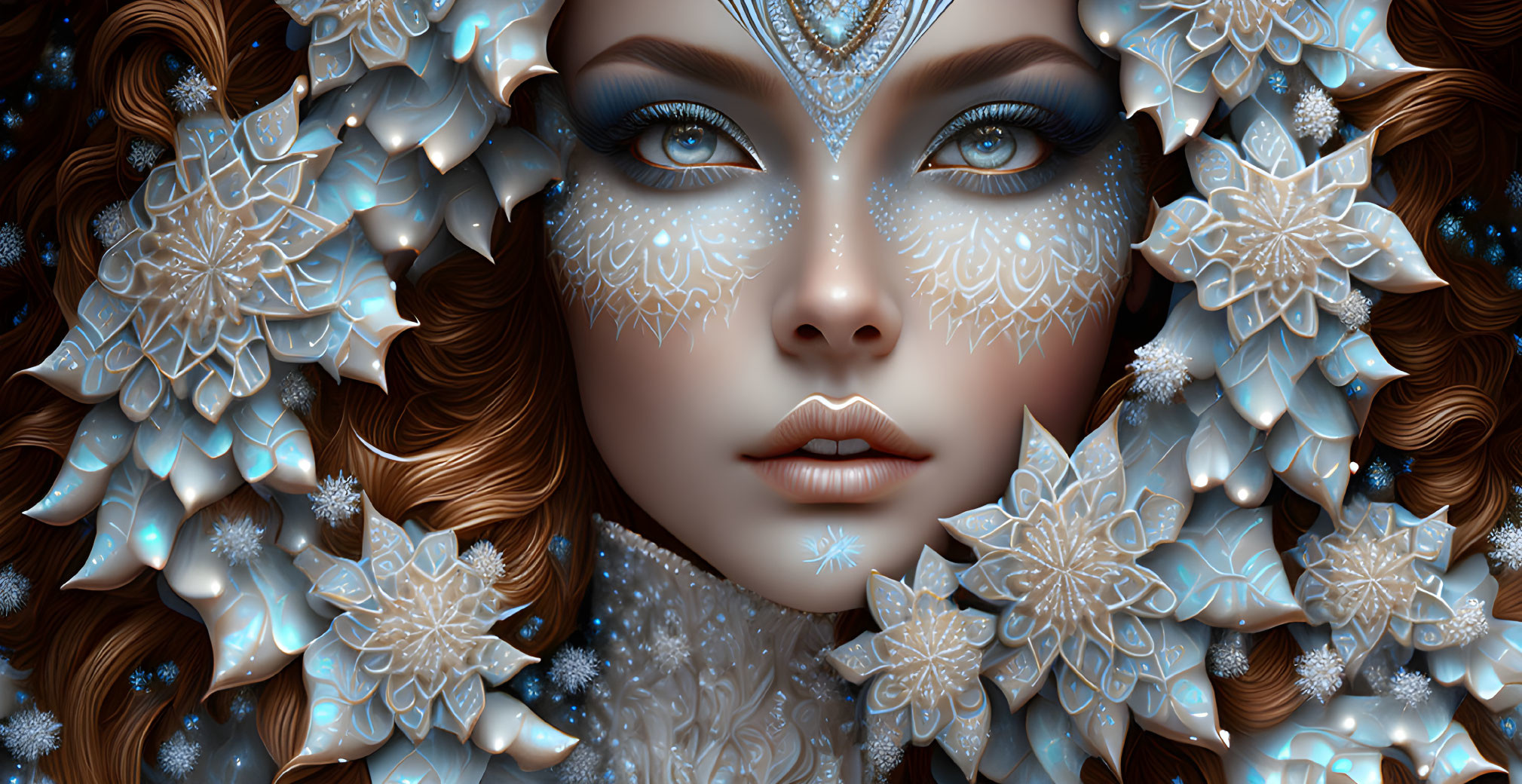 Digital artwork: Woman with snowflake skin designs, icy blue eyes, curly brown hair with winter motifs