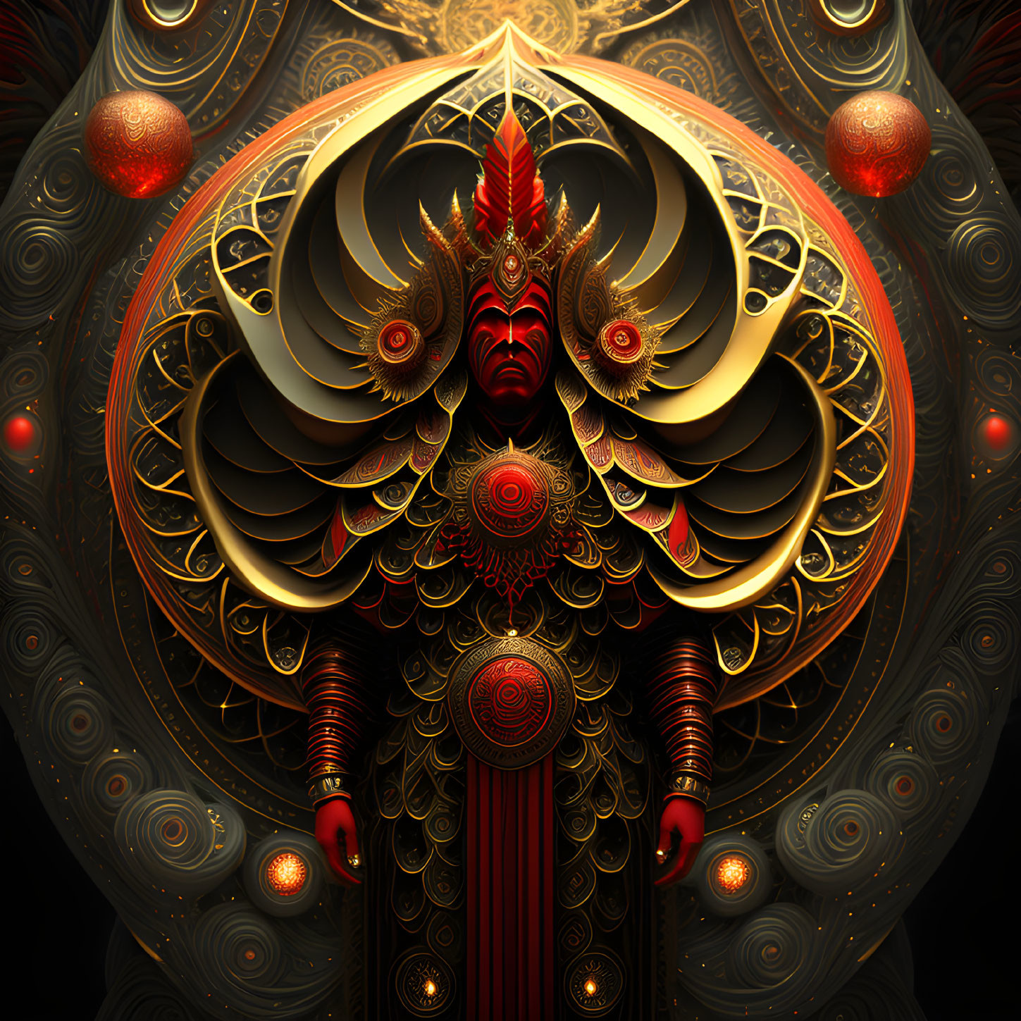 Symmetrical digital artwork: central figure in red and gold headgear on dark background.