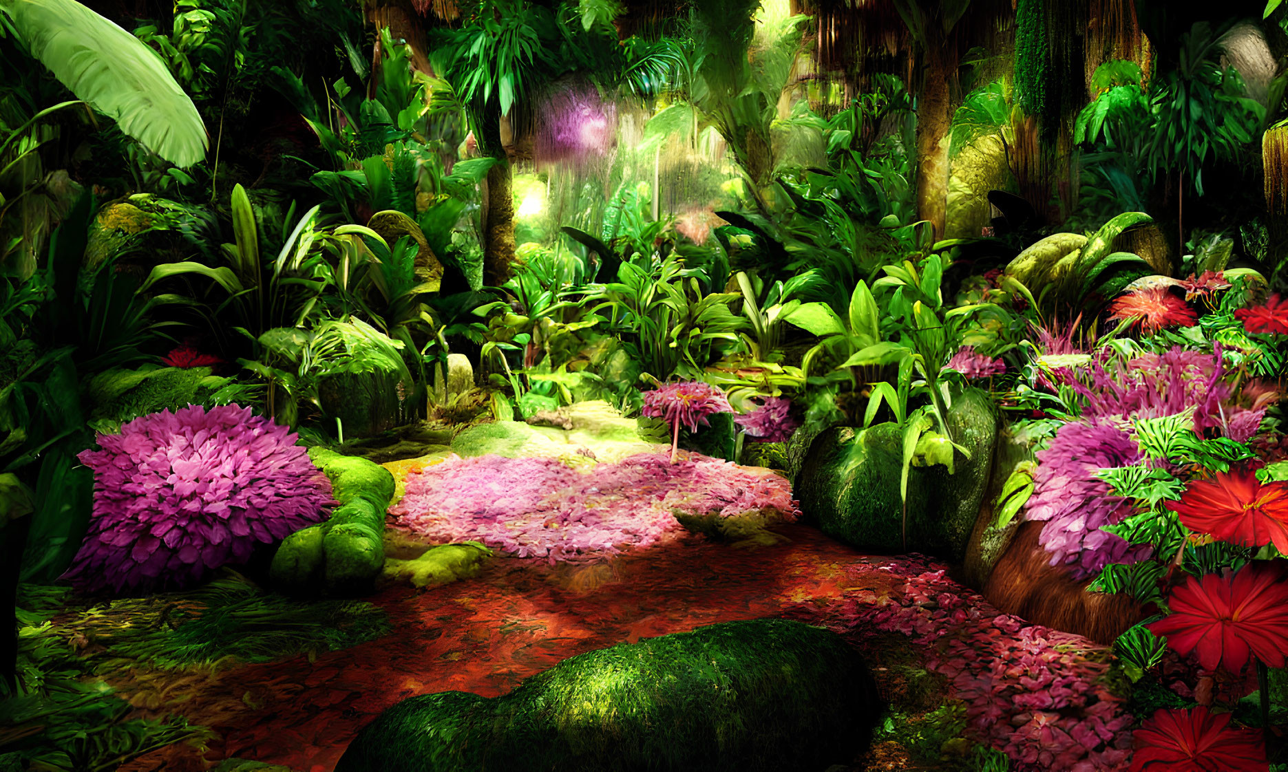 Vibrant jungle with crimson creek, moss-covered rocks & colorful flowers