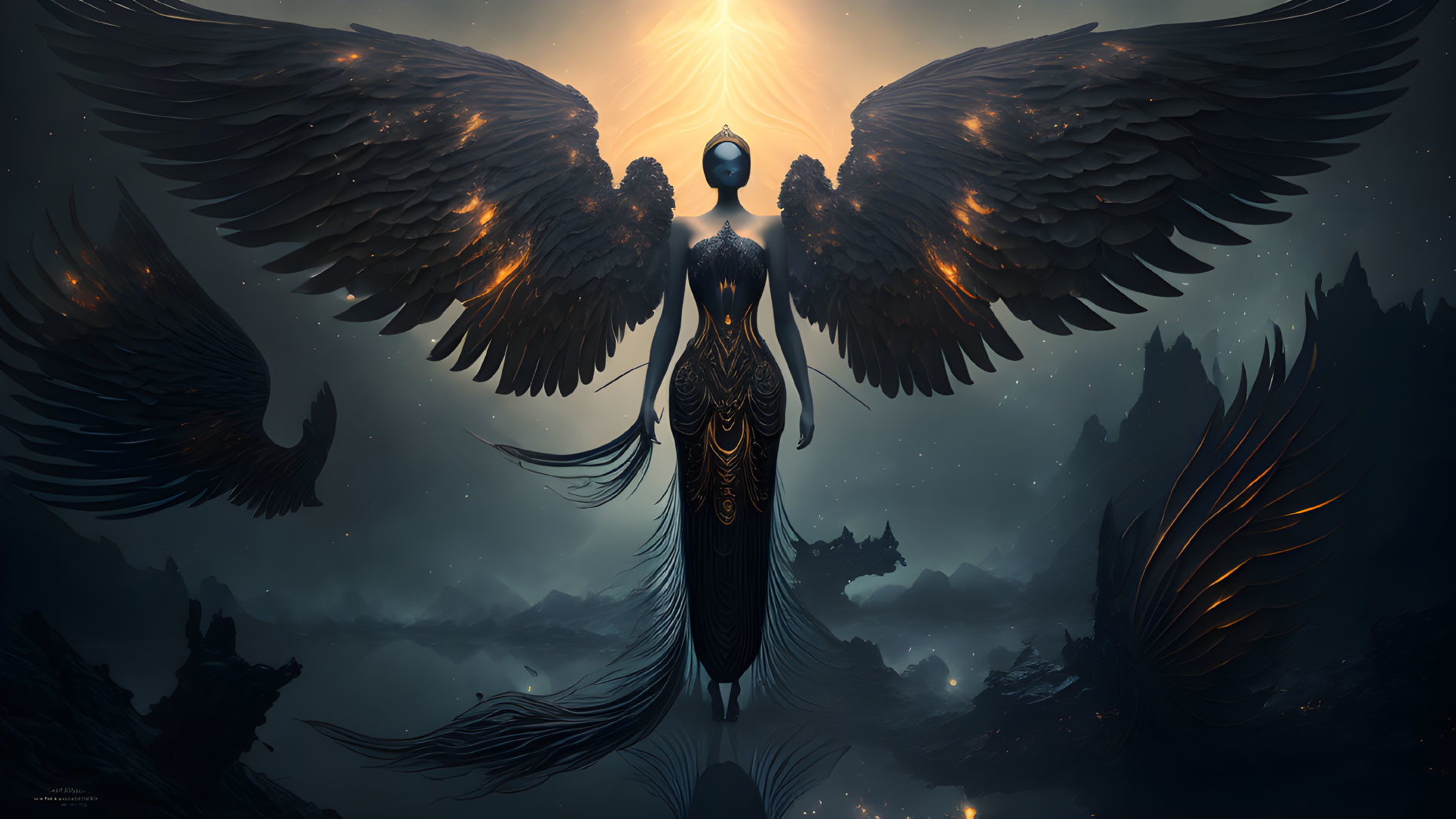 Fiery-winged mystical figure in dark, ethereal landscape